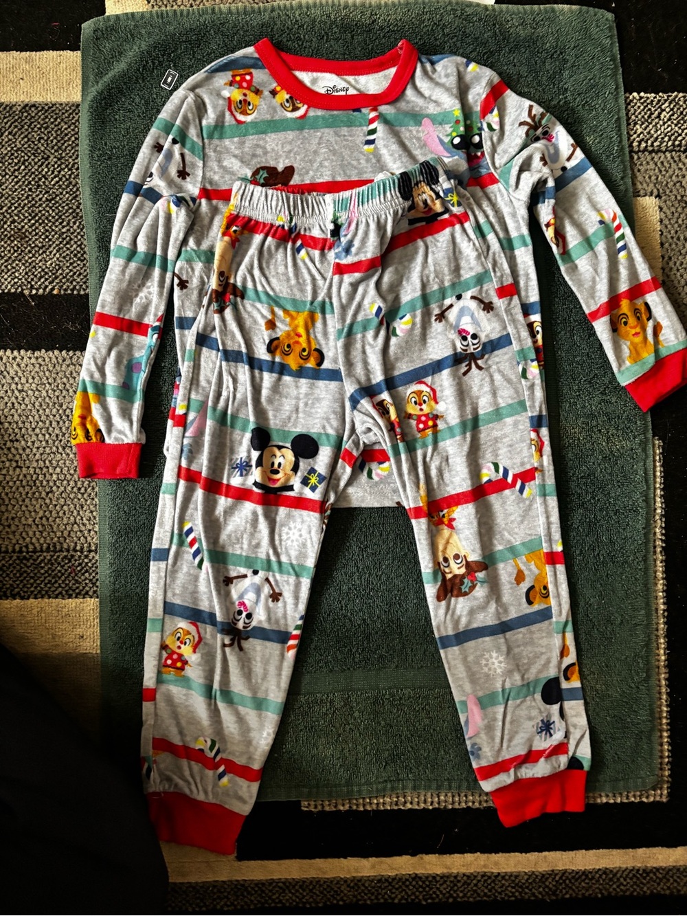 Disney Grey Striped Mickey & Friends Kids Footed Pajama One-Piece with Red Trim